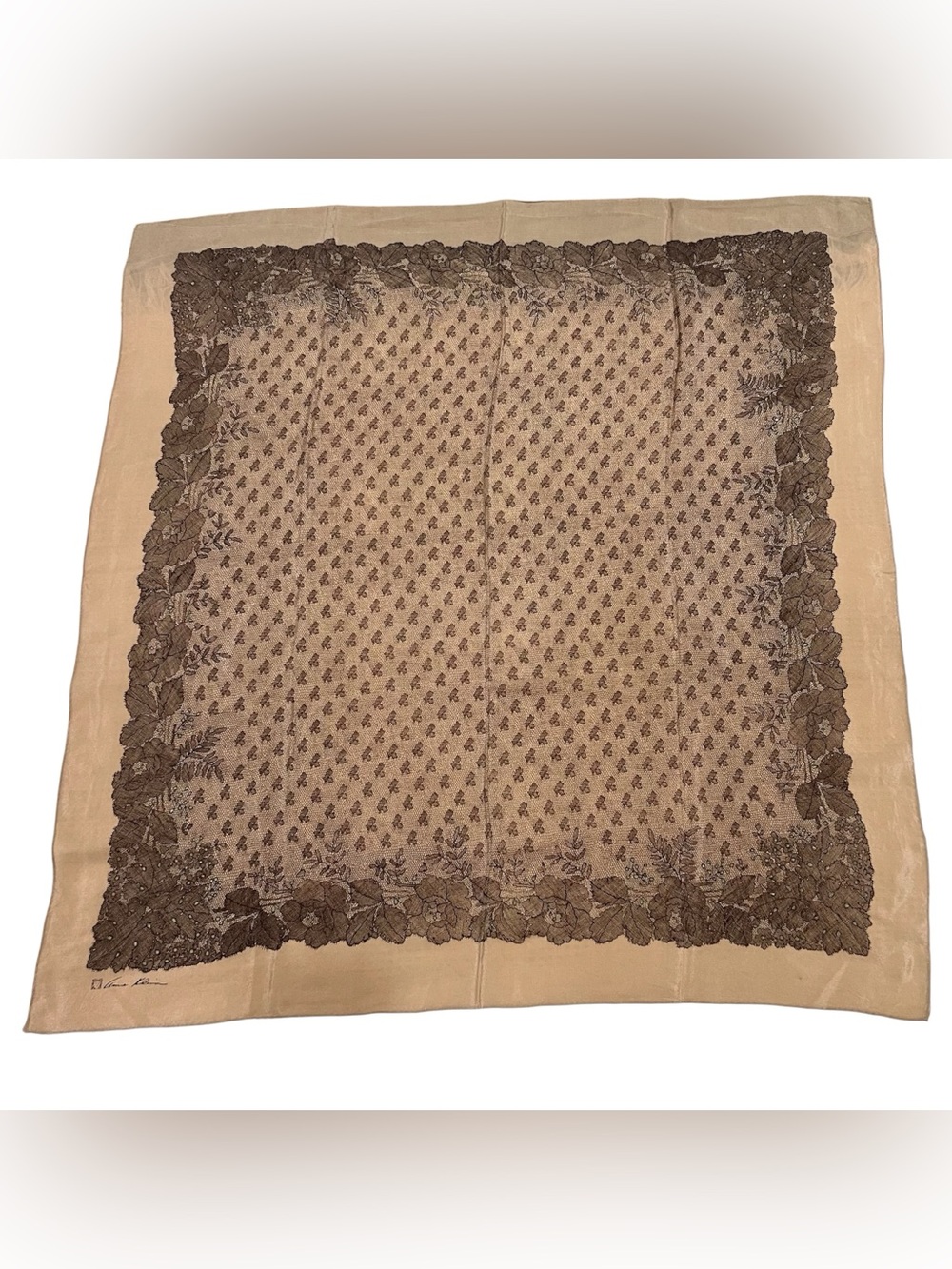 Vtg Anne Klein Brown Silk Floral Leaf Print Scarf